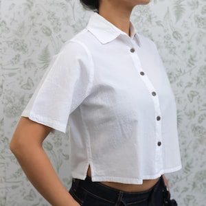 Cotton Crop Button Down Shirt, Women's Short Sleeve Collared Top, Lightweight Summer Blouse, Minimalist Boho Clothing