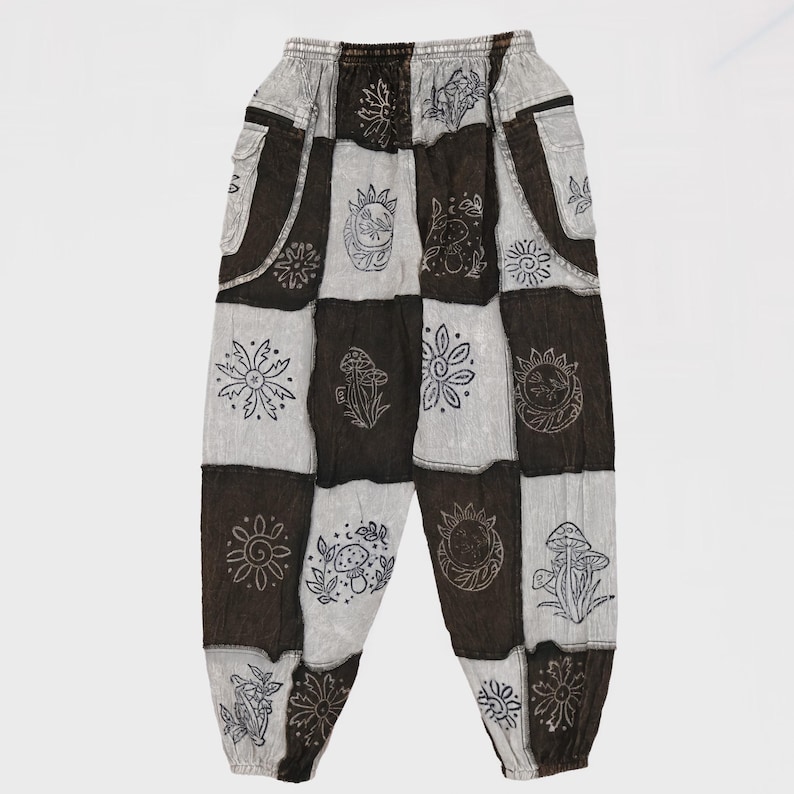 Boho-Patchwork-Jogginghose mit Taschen, Hippie-Gothic-Hose, Cargohose, Himmelblaue Baumwollhose, Festival-Boho-Kleidung Grau