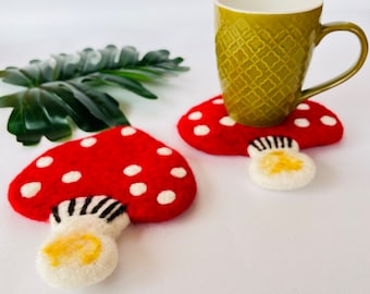 Felt Mushroom Tea Coasters, Handmade Wool Coaster, Xmas Gift, HouseWarming Gift, Home Decor, Absorbent Coasters, Unique Gifts, Gifts For Her