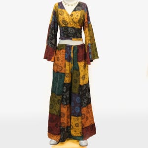 Celestial Patchwork Wide Leg Cotton Pants and Top Set, Flowy Pants with Ruffle Sleeve Top, Hippie Patchwork Pant Set, Boho Festival Fashion