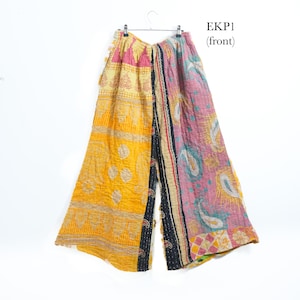 Pantalones anchos Kantha Patchwork, pantalones palazzo bohemios hechos a mano, pantalones hippies para festivales, pantalones de descanso con cintura elástica.
