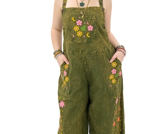 Hand Painted Boho Overalls, Stonewashed Cotton Wide Leg Bib Jumpsuit with pocket, Celestial Floral Dungarees, Festival & Cottagecore Outfit