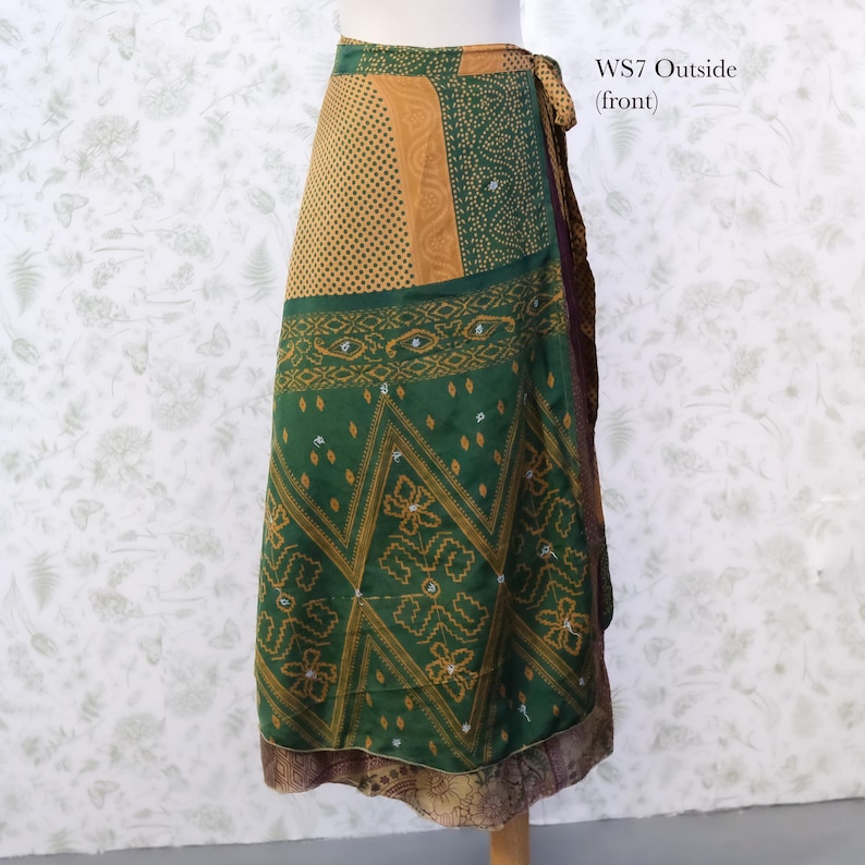Omkeerbare boho-wikkelrok, maxirok gerecyclede sari, zijden hippierok, festivaloutfit, unieke kleding afbeelding 2