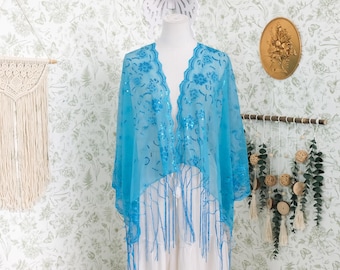Sequin Embroidered Lace Fringe Shawl,Sheer Mesh Wrap,Festival Witchy Scarfs, Sparkly Vintage Drape, Bohemian Chic WhimsyLayering Fall Winter