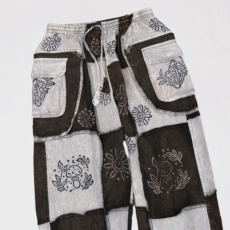 Boho-Patchwork-Jogginghose mit Taschen, Hippie-Gothic-Hose, Cargohose, Himmelblaue Baumwollhose, Festival-Boho-Kleidung Bild 3
