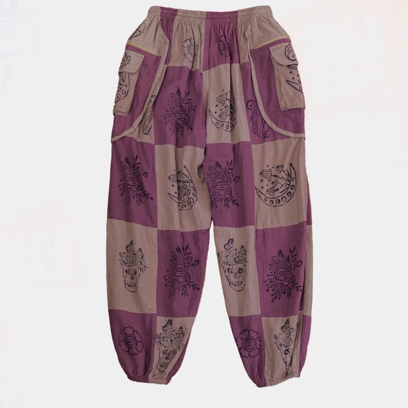 Boho-Patchwork-Jogginghose mit Taschen, Hippie-Gothic-Hose, Cargohose, Himmelblaue Baumwollhose, Festival-Boho-Kleidung Lila