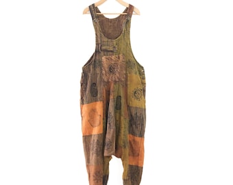 Mono tipo harem con patchwork, mono bohemio de algodón, peto con tirantes ajustables, atuendo hippie para festivales, mono holgado unisex