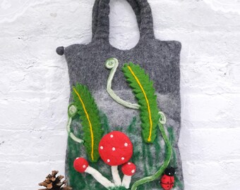 Bolso de fieltro con seta, bolso de lana afieltrada con aguja, bolso tote de fieltro, regalo para ella, bolso minimalista, bolso de compras, bolso gris hecho a mano, regalo navideño