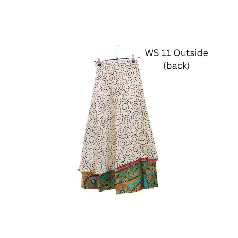 Omkeerbare boho-wikkelrok, maxirok gerecyclede sari, zijden hippierok, festivaloutfit, unieke kleding afbeelding 9