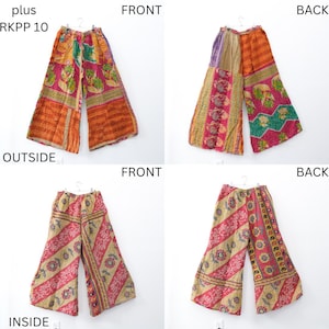 May include: Four views of wide-leg pants with a patchwork design. The pants feature a variety of colors, including orange, pink, green, and yellow, with floral and geometric patterns. The text "plus RKPP 10" is visible.