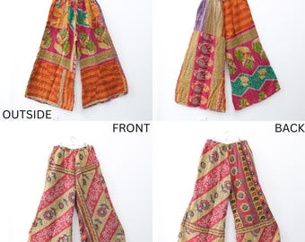 Kantha Reversible Palazzo Pants Plus Size with Pockets, 70s Style Boho Patchwork Wide Leg Trouser, Handmade Cotton Festival, Summer Pants