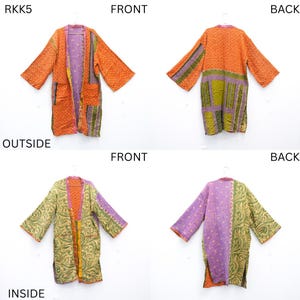 May include: A patchwork kimono-style jacket with a vibrant mix of colors and patterns. The jacket features orange, purple, green, and yellow hues, with a variety of textures and designs. The front and back views are shown, highlighting the jacket's unique construction.