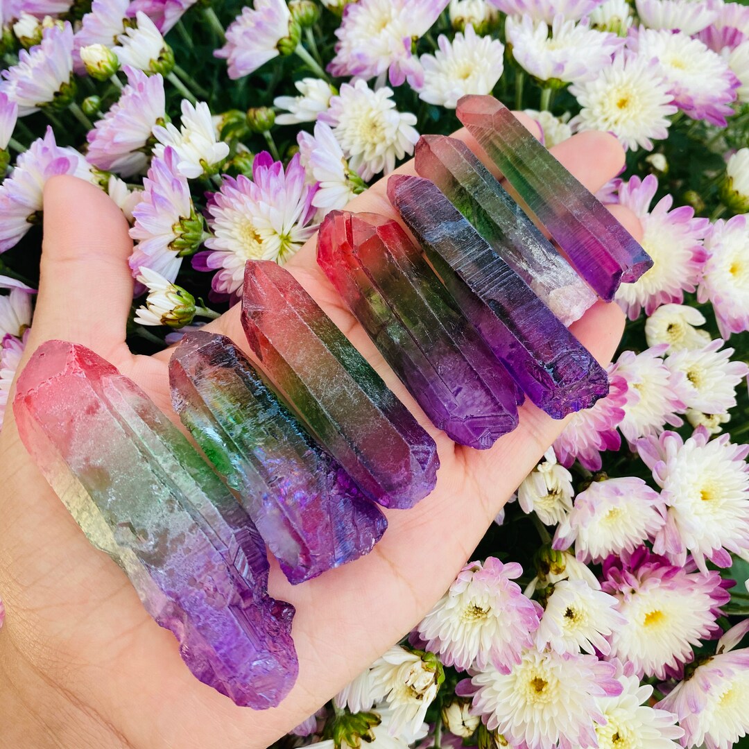 Rainbow Aura Quartz Stone Point, Raw Quartz, Crystals, Colorful Aura