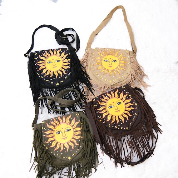 Boho Fringe Crossbody Bag, Hand Painted Sun Purse, Celestial Festival Bag, Western Hippie Shoulder Bag, Bohemian Gift for Her, Unisex