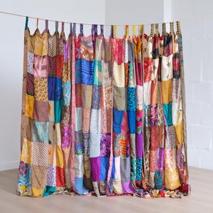 Patchwork Recycled Sari Curtain, Handmade Hippie Boho Curtain Panels, Psychedlic 70s Bohemian Room Decor, One of a Kind Patch Decor