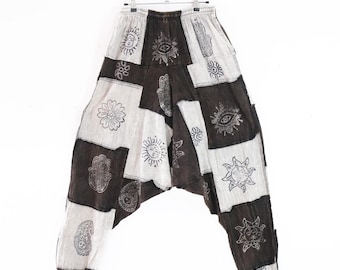 Unisex Boho Harem Pants, Patchwork Cotton Festival Pants, Hippie Yoga Pants, Block Print Drop Crotch Trousers