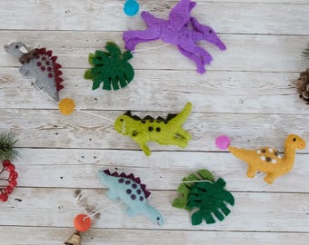 Felted Wool Dinosaur Garland, Handmade Hanging with Bell
