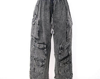 Stonewashed Cotton Cargo Pants, Boho Utility Pants with Pockets, Unisex Hippie Streetwear, Handmade Festival Unisex Baggy Pants,Earthy Color