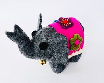 Felt Elephant Decor,  Felt Elephant with bell, Needle Felted Animals, Felt Stuffed Elephant, Good Luck Animasl, Toys for Kids, Holiday Gifts