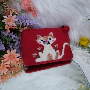 Porte-monnaie chat en feutre aiguilleté, Pochette à fermeture éclair, Porte-monnaie unique, Cadeau pour enfant/adulte, Portefeuille en feutre, Porte-monnaie écologique, Porte-monnaie qui ne gratte pas