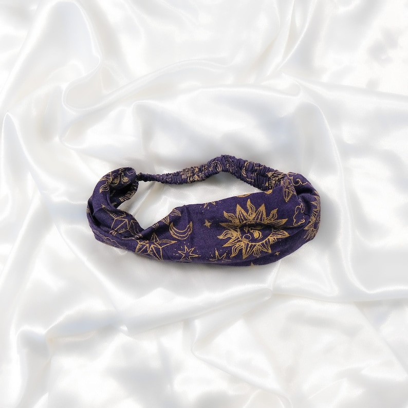 Celestial Cotton Head Wrap, Handmade Boho Hippie Hair Wrap, Bohemian Head Accessories, Witchy Head Covering, Handmade Headband Purple