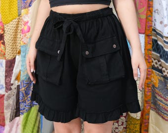 Boho bomullscargoshorts för kvinnor, shorts med volangkant, shorts i cottagecore-stil, festivalkläder, hippie-sommarshorts med fickor