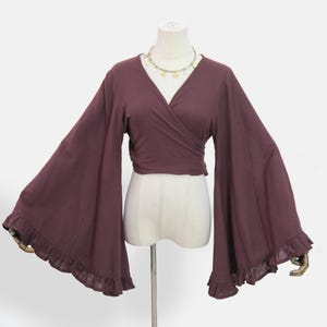 Cotton Semi Sheer Bell Sleeve Wrap Top - Boho Tie Top with Flare Sleeves, Free Spirit Style, Plus Size, 90s Retro Fashion, Handmade Cotton