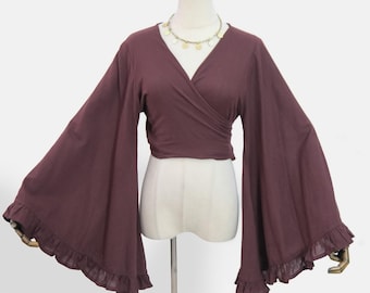 Katoenen semi-transparante wikkelblouse met wijde mouwen - Boho strikblouse met uitlopende mouwen, vrije stijl, plus size, retro mode uit de jaren 90, handgemaakt katoen