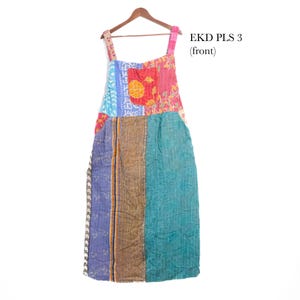 Plus Size Kantha Patchwork Bib Dress, Adjustable Strap Maxi Dress, Boho Pinafore Dress, Cottagecore Dress with Pockets