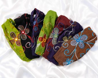 Embroidery Head Wrap, Cotton Headband, Bohemian Yoga Headband