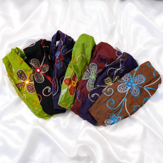 Embroidery Head Wrap, Cotton Headband, Bohemian Yoga Headband
