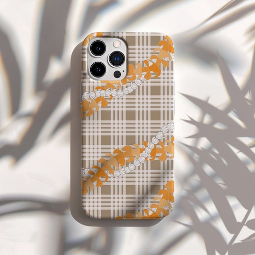 Puakenikeni Lei and Pikake Lei on Taupe Palaka Print Phone Case