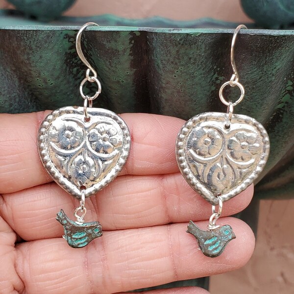 Large Mexican Style bird dangle Earrings, Mexican Milagro Heart earrings, Shabby Chic Earrings, Turquoise Patina Bird Earrings