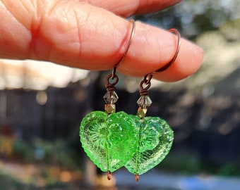 Green Heart Valentine Earrings, Green Czech Glass Heart Jewelry, Copper Earrings