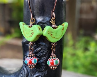 Ethnic: Boho Green Bird Earrings With Chevron Beads, Copper Dangles, Stone, Handmade
