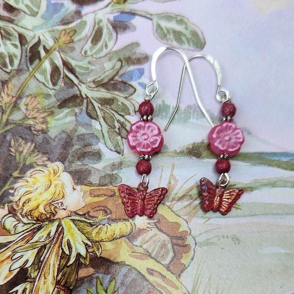 Petite Pretty in Pink Butterfly Earrings, Czech Glass Flower Earrings, Boho Hand Painted Butterfly Earrings, Nature Earrings, Mothers Day
