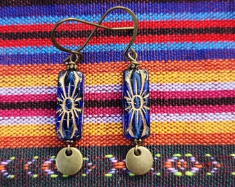 Cobalt Blue Rectangle Flower Earrings, Boho Czech Glass Earrings, Brass Dangle Earrings, Shabby Chic