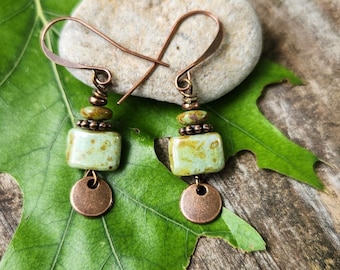 Earthy Sage Rectangle Earrings, Petite Boho Czech Glass Earrings, Lightweight Copper Dangle Earrings