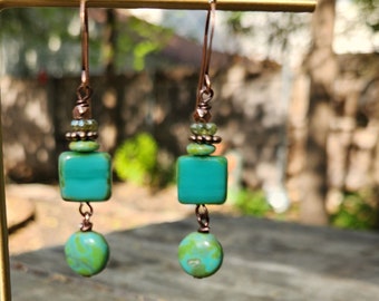 Turquoise Boho Square Earrings, Czech Glass Dangle Earrings, Copper Earrings, Mothers Day Jewelry, Boho Green Blue Earrings