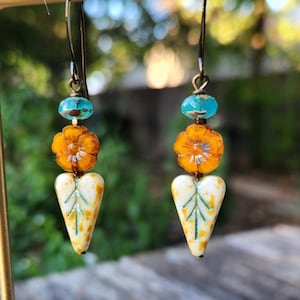 Bestsellers: Creamy Picasso Hearts with Aqua Highlights Earrings, Nearly 200 Sold, Bohemian Czech Glass Earrings, Orange Flower Earrings