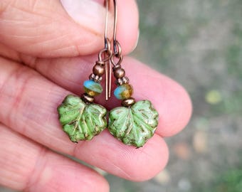 Garden Green Leaf Earrings: Boho Czech Glass Copper Jewelry, Handmade
