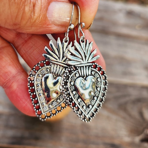 Sacred Heart Earrings with Fancy Hooks, Frida Kahlo-Style Flaming Heart Earrings, Mexican Milagro Heart Earrings