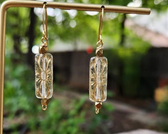 Golden Starburst Earrings, Boho Czech Glass Rectangle Earrings, Gold Plated Hooks, Art Deco Gold Etched Flower Earrings