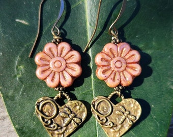 LAST ONES!!! Antique Brass Heart Dragonfly Earrings, Pink Czech Glass Flower Earrings, Dusty Rose Czech Glass Flower Earrings