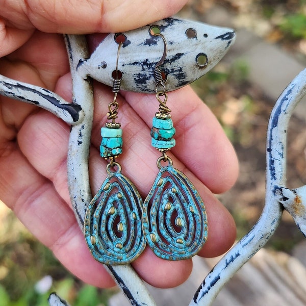 Genuine Turquoise Dangle Earrings, Boho Chic Bronze Turquoise Patina Earrings