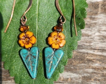 Boho Teal Czech Heart Earrings, Czech Glass Jewelry, Orange Flower Earrings, Turquoise Heart Jewelry. Leaf Heart Earrings with Picasso