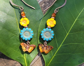 Boho Butterfly Earrings: Czech Glass Sunflower, Turquoise & Orange, Handmade