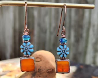 Orange Square Czech Glass Earrings, Petite Boho Earrings, Blue Daisy Czech Glass Flower Earrings, Copper Shabby Chic Earrings