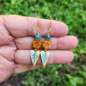 Boho Czech Heart Earrings, Gold Plated Hooks, Orange Czech Glass Flower Earrings, Boho Turquoise Earrings, Leaf Heart Earrings with Picasso