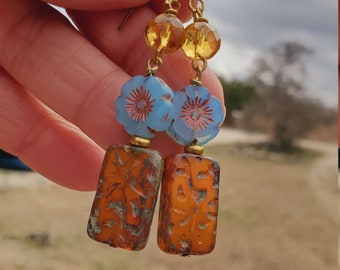 Czech Glass Rectangle Earrings, Boho Amber Earrings, Blue Flower Czech Earrings, Shabby Chic Earrings